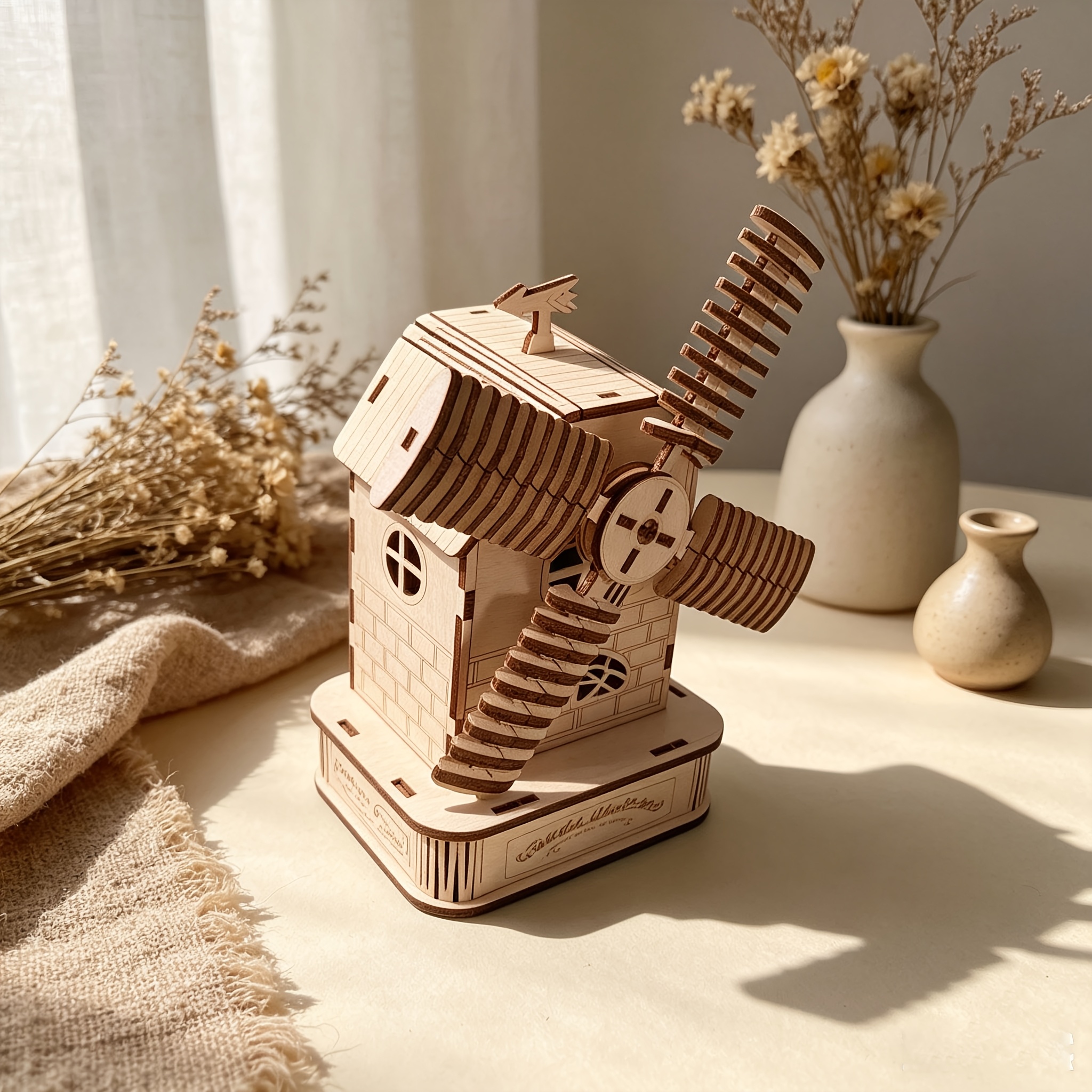 3D Wooden Windmill Music Box Kit, Vintage Design